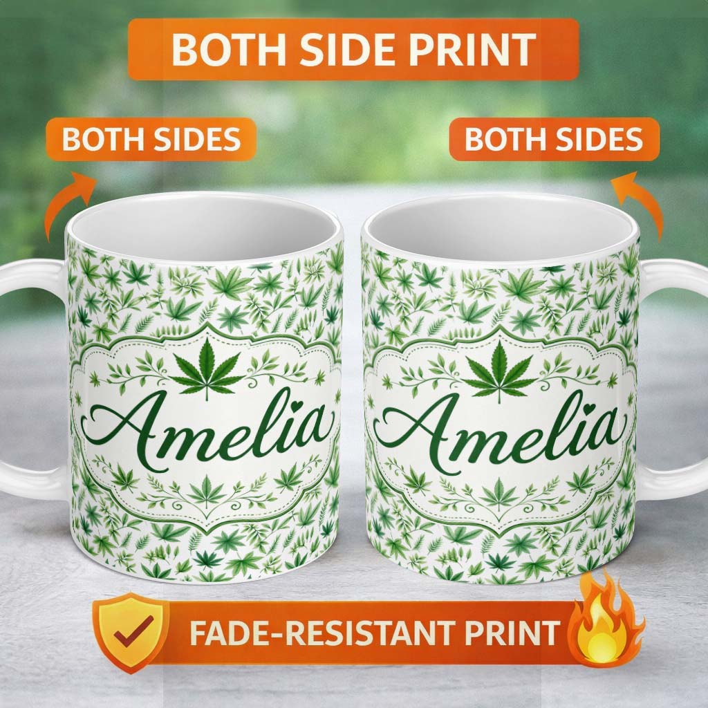 Personalized Custom Name Botanical Mixed Green Leaves and Cannabis Seamless Pattern Name Cute 11oz Ceramic Coffee Tea Mug White Large Handle