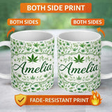 Personalized Custom Name Botanical Mixed Green Leaves and Cannabis Seamless Pattern Name Cute 11oz Ceramic Coffee Tea Mug White Large Handle