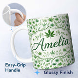 Personalized Custom Name Botanical Mixed Green Leaves and Cannabis Seamless Pattern Name Cute 11oz Ceramic Coffee Tea Mug White Large Handle