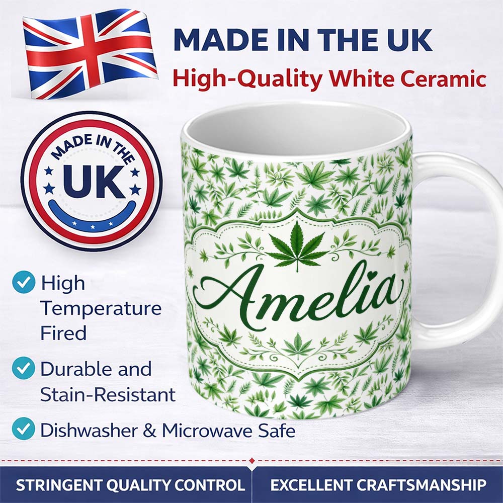 Personalized Custom Name Botanical Mixed Green Leaves and Cannabis Seamless Pattern Name Cute 11oz Ceramic Coffee Tea Mug White Large Handle