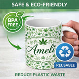 Personalized Custom Name Botanical Mixed Green Leaves and Cannabis Seamless Pattern Name Cute 11oz Ceramic Coffee Tea Mug White Large Handle