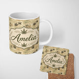 Personalized Custom Name Vintage Beige and Brown Cannabis Leaf Seamless Pattern Name Cute 11oz Ceramic Coffee Tea Mug White Large Handle