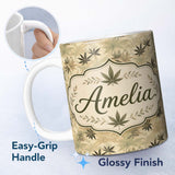 Personalized Custom Name Vintage Beige and Brown Cannabis Leaf Seamless Pattern Name Cute 11oz Ceramic Coffee Tea Mug White Large Handle