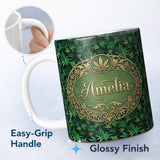 Personalized Custom Name Deep Jungle Green Cannabis Foliage Dense Seamless Pattern Custom 11oz Ceramic Coffee Tea Mug White Large Handle