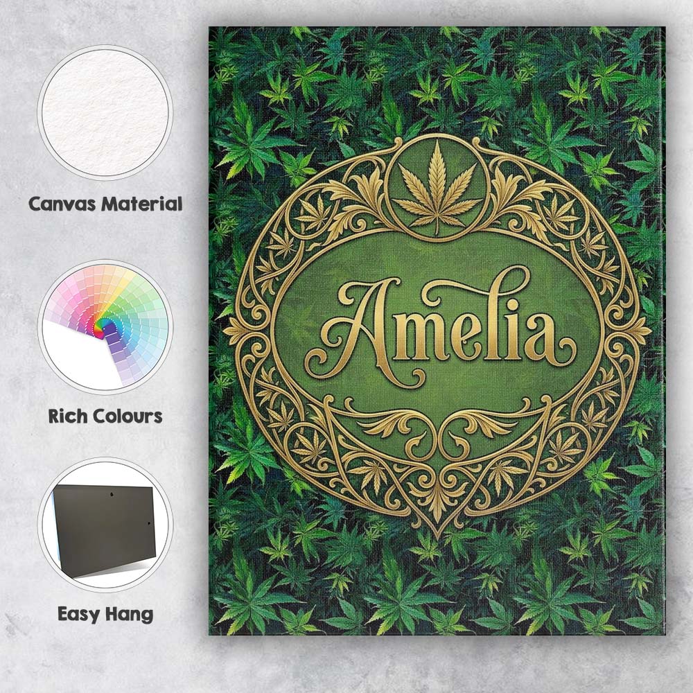 Personalised Name Deep Jungle Green Cannabis Custom Bespoke  Contemporary Display Canvas Wall Art Print Decor Picture Ready to Hang