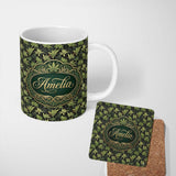 Personalized Custom Name Dark Background Botanical Cannabis Leaf Repeat Seamless Pattern 11oz Ceramic Coffee Tea Mug White Large Handle