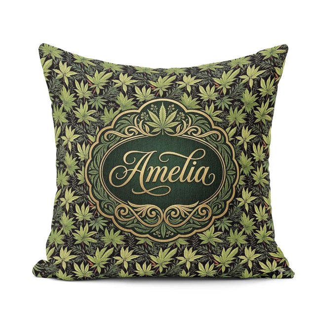 Custom Name Dark Botanical Cannabis Leaf Repeat Seamless Pattern Square Filled Cushion Throw Pillow Sofa Bed Home Decor Zip Washable UK Made