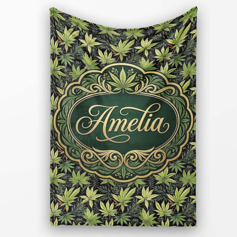 Dark Background Botanical Cannabis Leaf Repeat Seamless Pattern  Personalised Custom Name Super Soft Fleece Blanket Bed Sofa Throw
