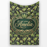 Dark Background Botanical Cannabis Leaf Repeat Seamless Pattern  Personalised Custom Name Super Soft Fleece Blanket Bed Sofa Throw