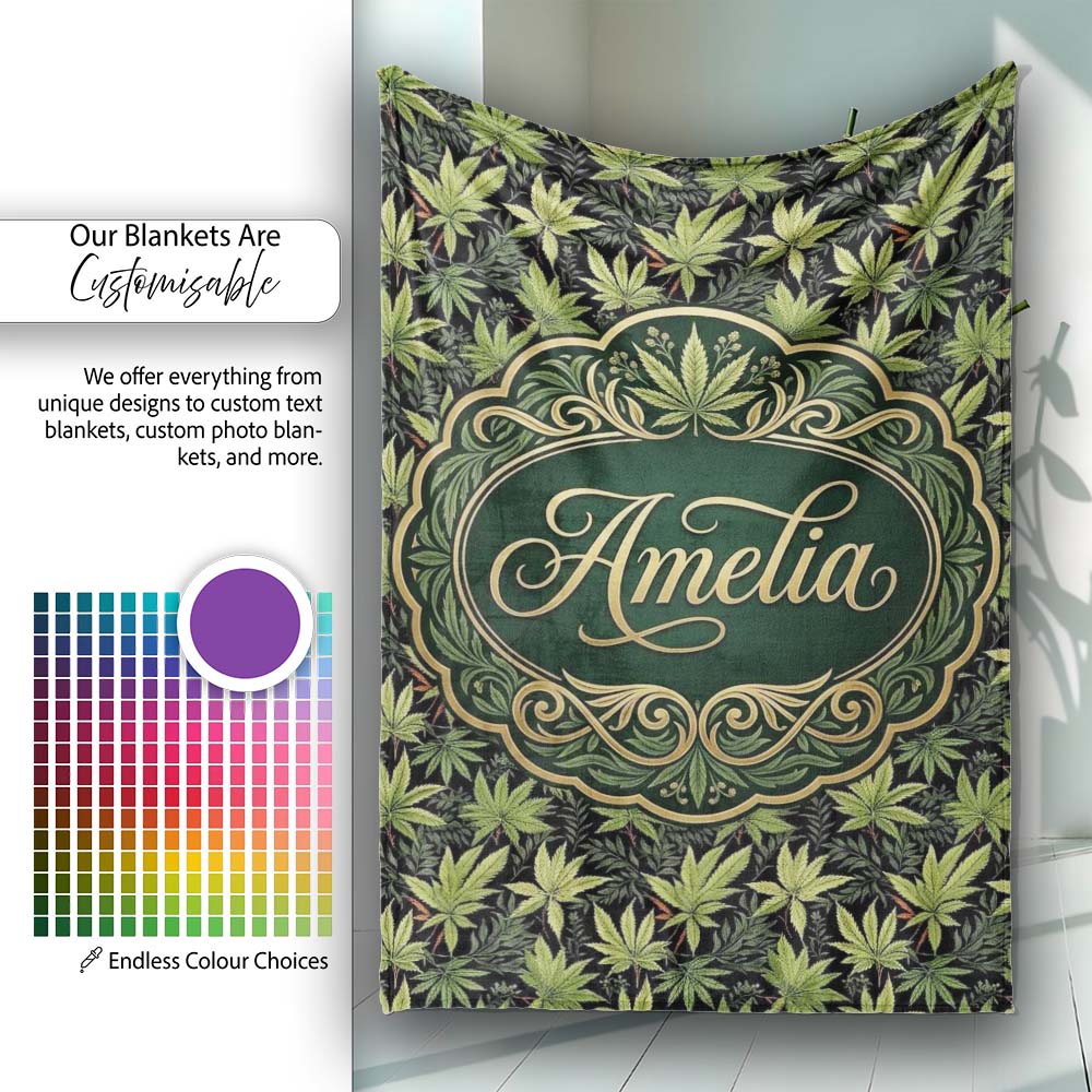 Dark Background Botanical Cannabis Leaf Repeat Seamless Pattern  Personalised Custom Name Super Soft Fleece Blanket Bed Sofa Throw
