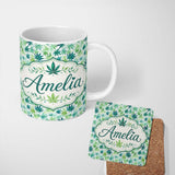 Personalized Custom Name Light Green Blue Watercolor Cannabis Leaves Seamless Pattern Name 11oz Ceramic Coffee Tea Mug White Large Handle