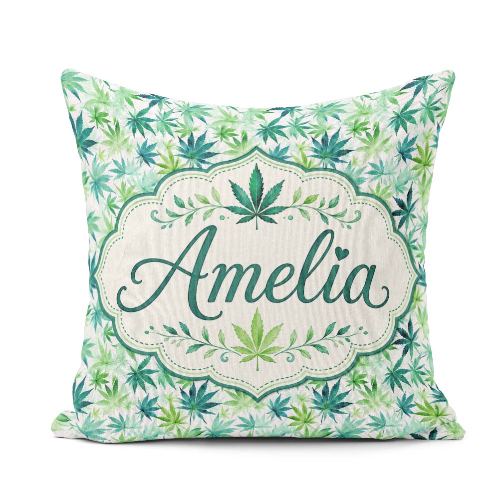 Custom Name Light Green Blue Watercolor Cannabis Leaves Seamless Square Filled Cushion Throw Pillow Sofa Bed Home Decor Zip Washable UK Made