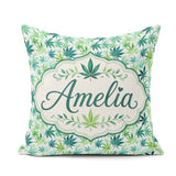 Custom Name Light Green Blue Watercolor Cannabis Leaves Seamless Square Filled Cushion Throw Pillow Sofa Bed Home Decor Zip Washable UK Made