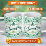 Personalized Custom Name Light Green Blue Watercolor Cannabis Leaves Seamless Pattern Name 11oz Ceramic Coffee Tea Mug White Large Handle