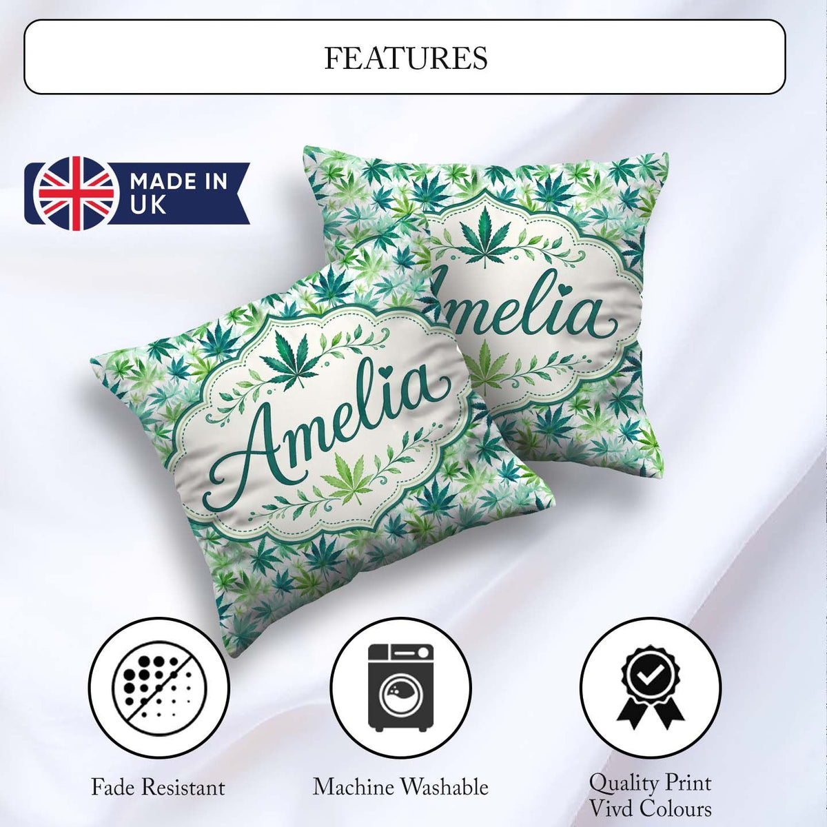Custom Name Light Green Blue Watercolor Cannabis Leaves Seamless Square Filled Cushion Throw Pillow Sofa Bed Home Decor Zip Washable UK Made