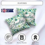 Custom Name Light Green Blue Watercolor Cannabis Leaves Seamless Square Filled Cushion Throw Pillow Sofa Bed Home Decor Zip Washable UK Made