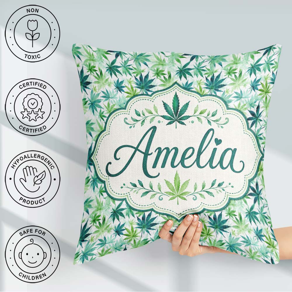 Custom Name Light Green Blue Watercolor Cannabis Leaves Seamless Square Filled Cushion Throw Pillow Sofa Bed Home Decor Zip Washable UK Made