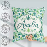 Custom Name Light Green Blue Watercolor Cannabis Leaves Seamless Square Filled Cushion Throw Pillow Sofa Bed Home Decor Zip Washable UK Made