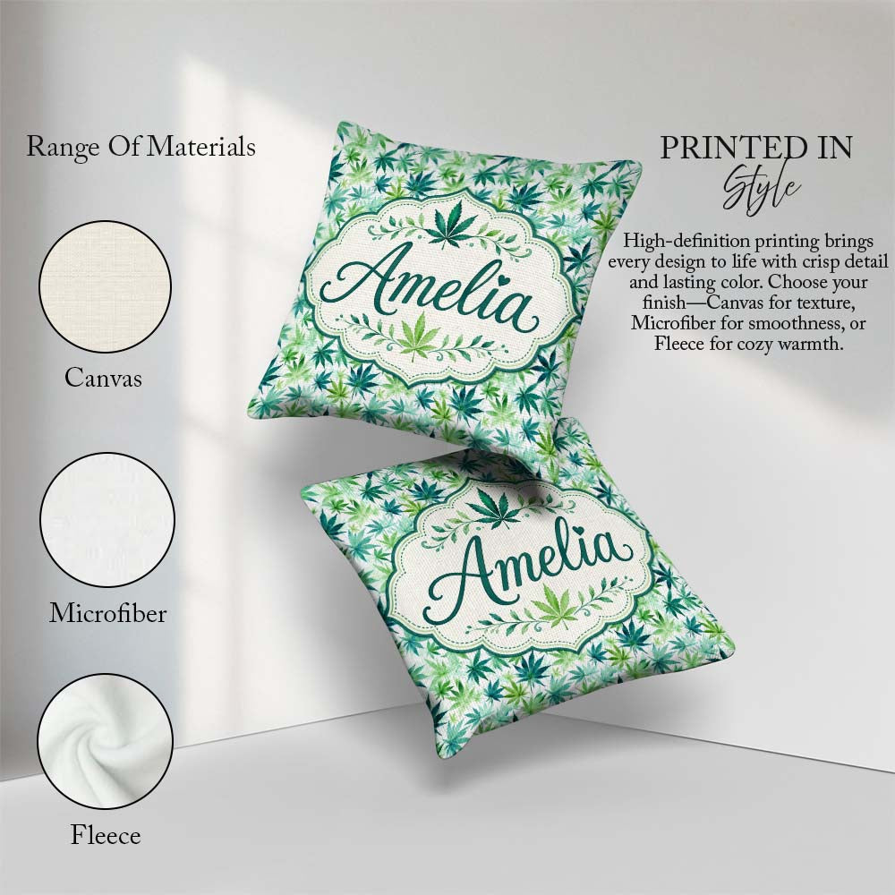 Custom Name Light Green Blue Watercolor Cannabis Leaves Seamless Square Filled Cushion Throw Pillow Sofa Bed Home Decor Zip Washable UK Made
