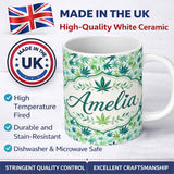 Personalized Custom Name Light Green Blue Watercolor Cannabis Leaves Seamless Pattern Name 11oz Ceramic Coffee Tea Mug White Large Handle