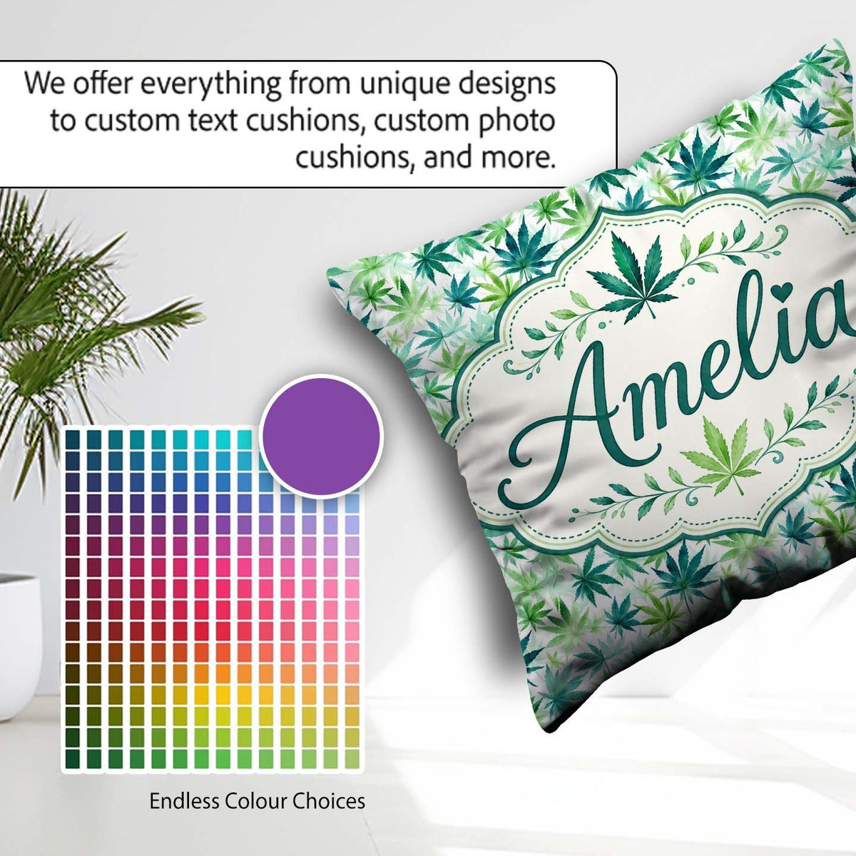 Custom Name Light Green Blue Watercolor Cannabis Leaves Seamless Square Filled Cushion Throw Pillow Sofa Bed Home Decor Zip Washable UK Made