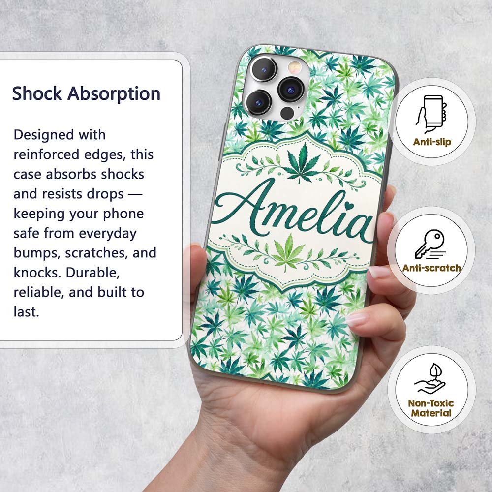 Light Green Blue Watercolor Decorative Design Custom Name Protective Phone Case Mobile Cover Durable Everyday Smartphone Shock Resistant