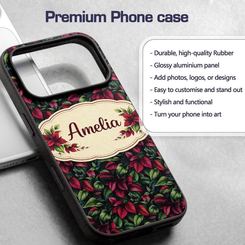Red Green Tropical Leaves Dense Printed Design Custom Name Protective Phone Case Mobile Cover Durable Everyday Smartphone Shock Resistant