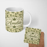 Personalized Custom Name Vintage Olive Green Cannabis Leaves on Beige Seamless Pattern Name 11oz Ceramic Coffee Tea Mug White Large Handle