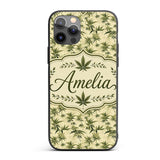 Vintage Olive Green Cannabis Leaves on Beige Custom Name Protective Phone Case Mobile Cover Durable Everyday Smartphone Shock Resistant