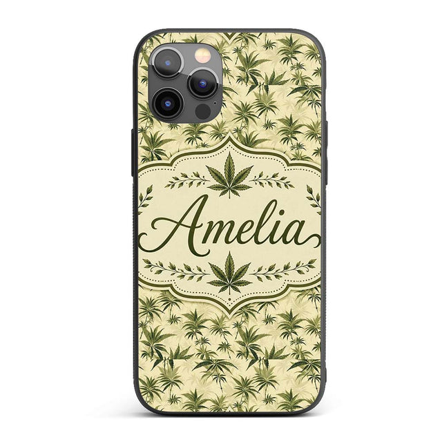 Vintage Olive Green Cannabis Leaves on Beige Custom Name Protective Phone Case Mobile Cover Durable Everyday Smartphone Shock Resistant
