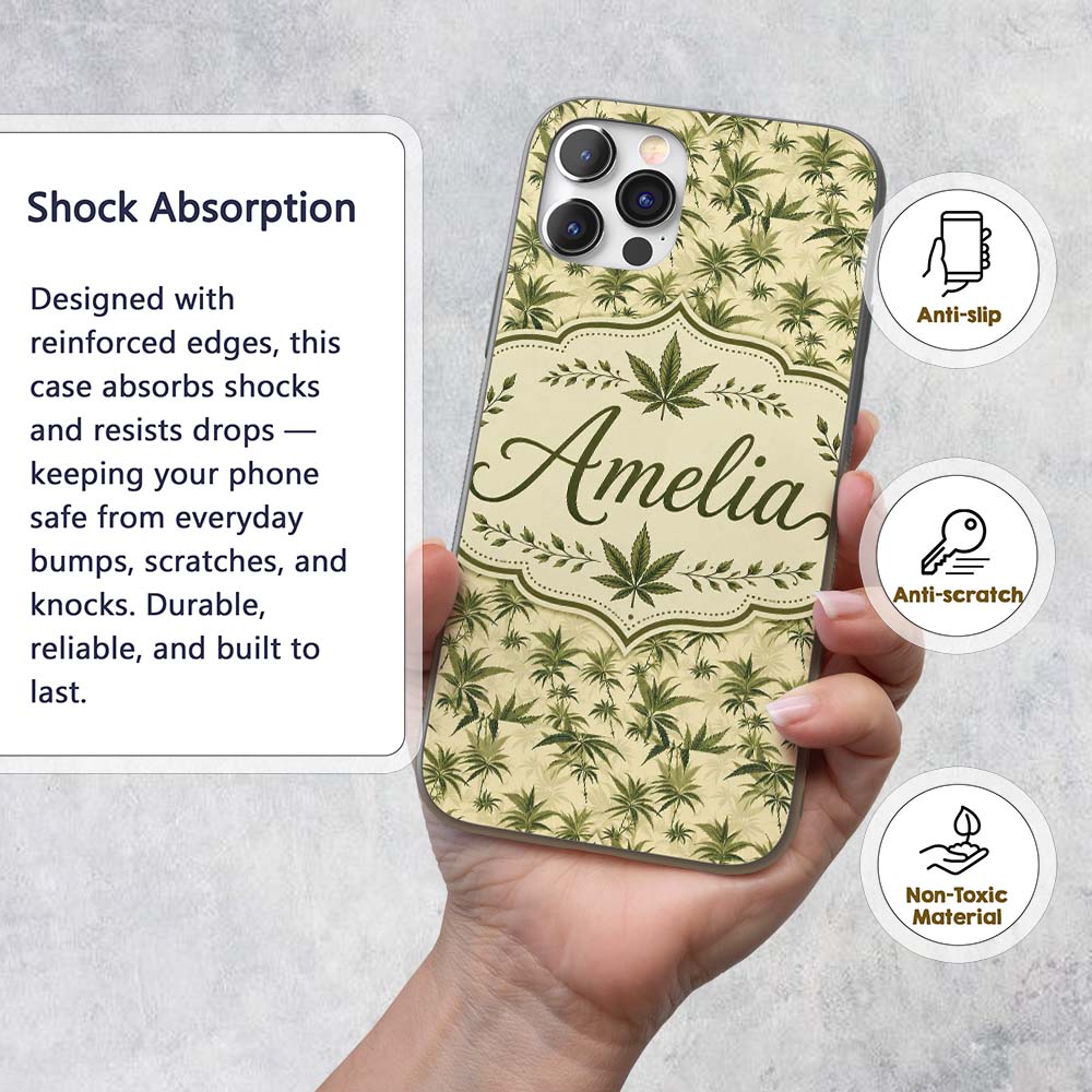 Vintage Olive Green Cannabis Leaves on Beige Custom Name Protective Phone Case Mobile Cover Durable Everyday Smartphone Shock Resistant