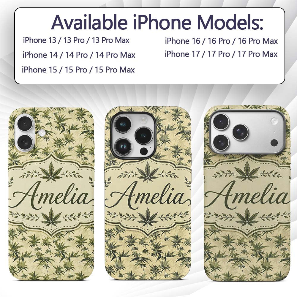 Vintage Olive Green Cannabis Leaves on Beige Custom Name Protective Phone Case Mobile Cover Durable Everyday Smartphone Shock Resistant