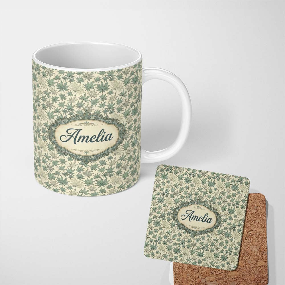 Personalized Custom Name Muted Sage and Cream Cannabis Leaf Repeat Seamless Pattern Name Cute 11oz Ceramic Coffee Tea Mug White Large Handle