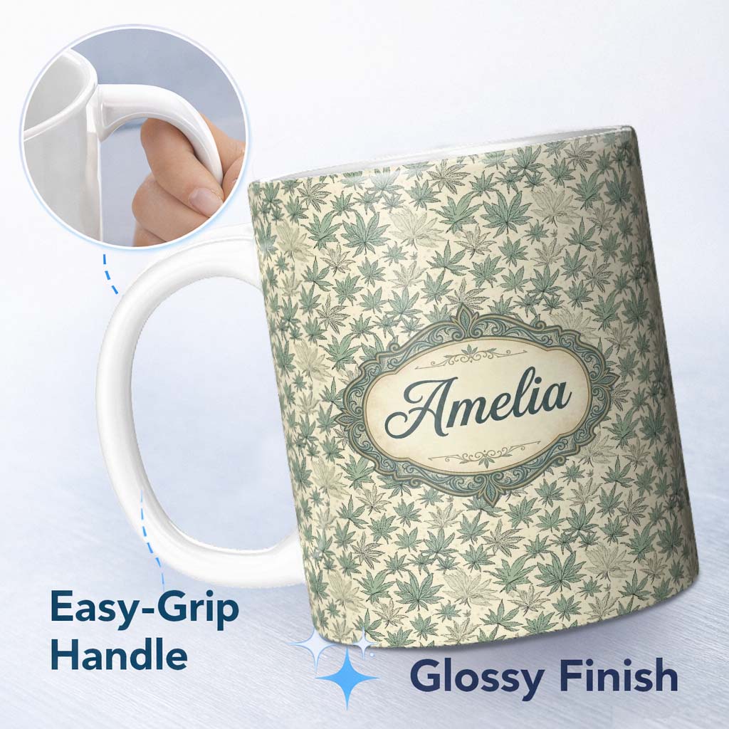 Personalized Custom Name Muted Sage and Cream Cannabis Leaf Repeat Seamless Pattern Name Cute 11oz Ceramic Coffee Tea Mug White Large Handle
