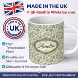 Personalized Custom Name Muted Sage and Cream Cannabis Leaf Repeat Seamless Pattern Name Cute 11oz Ceramic Coffee Tea Mug White Large Handle