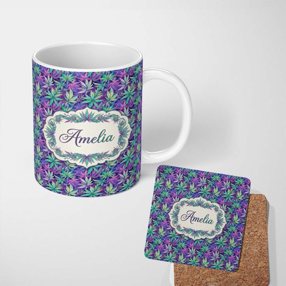Personalized Custom Name Vibrant Purple and Teal Cannabis Leaves Dense Seamless Pattern Name 11oz Ceramic Coffee Tea Mug White Large Handle
