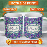 Personalized Custom Name Vibrant Purple and Teal Cannabis Leaves Dense Seamless Pattern Name 11oz Ceramic Coffee Tea Mug White Large Handle