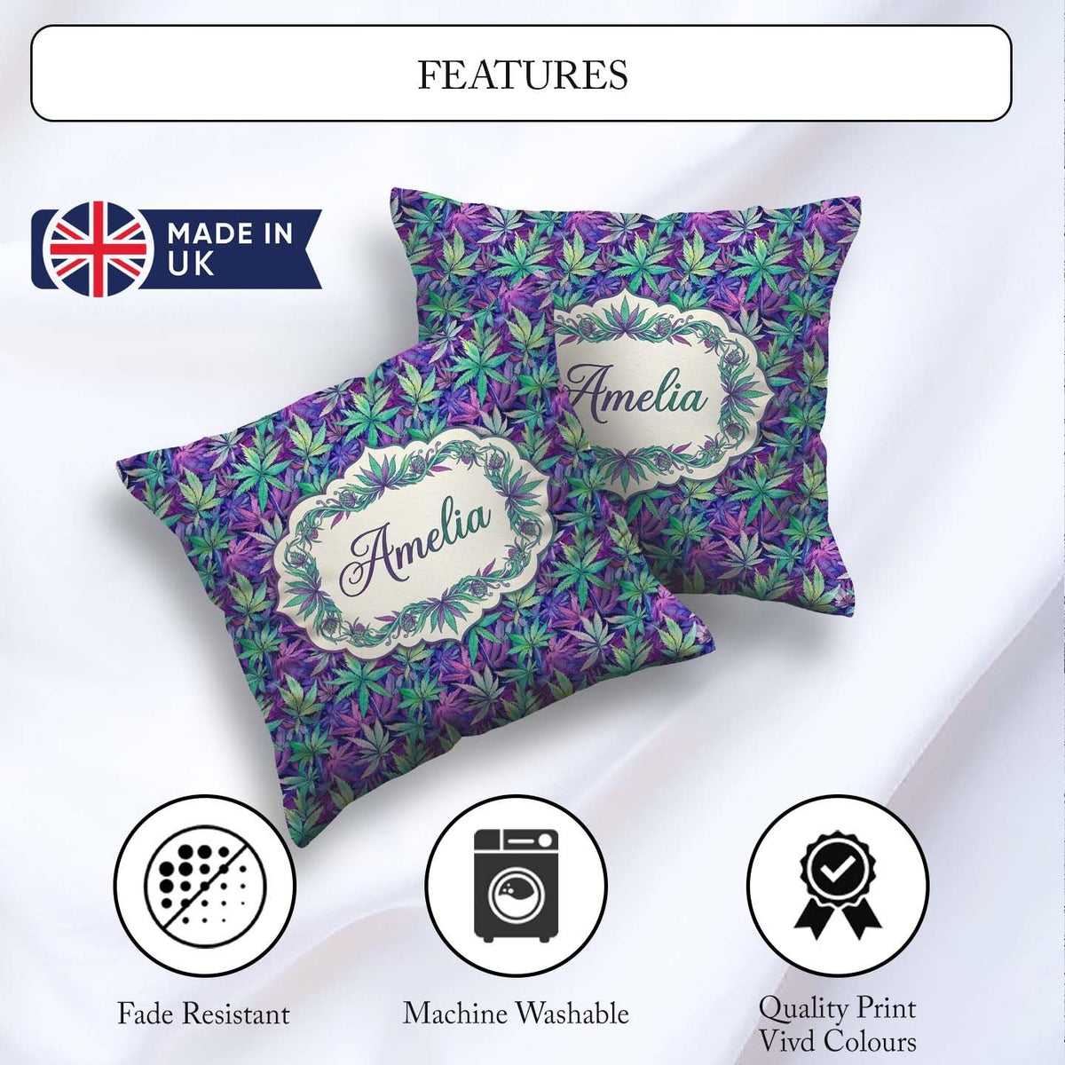 Custom Name Vibrant Purple and Teal Cannabis Dense Seamless Name Square Filled Cushion Throw Pillow Sofa Bed Home Decor Zip Washable UK Made
