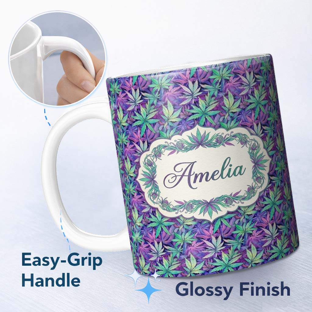 Personalized Custom Name Vibrant Purple and Teal Cannabis Leaves Dense Seamless Pattern Name 11oz Ceramic Coffee Tea Mug White Large Handle