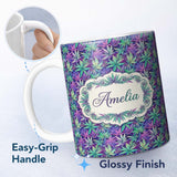 Personalized Custom Name Vibrant Purple and Teal Cannabis Leaves Dense Seamless Pattern Name 11oz Ceramic Coffee Tea Mug White Large Handle