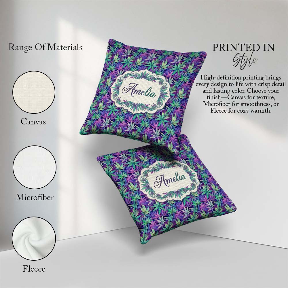 Custom Name Vibrant Purple and Teal Cannabis Dense Seamless Name Square Filled Cushion Throw Pillow Sofa Bed Home Decor Zip Washable UK Made