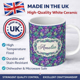 Personalized Custom Name Vibrant Purple and Teal Cannabis Leaves Dense Seamless Pattern Name 11oz Ceramic Coffee Tea Mug White Large Handle