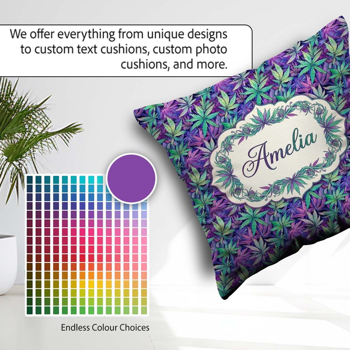 Custom Name Vibrant Purple and Teal Cannabis Dense Seamless Name Square Filled Cushion Throw Pillow Sofa Bed Home Decor Zip Washable UK Made