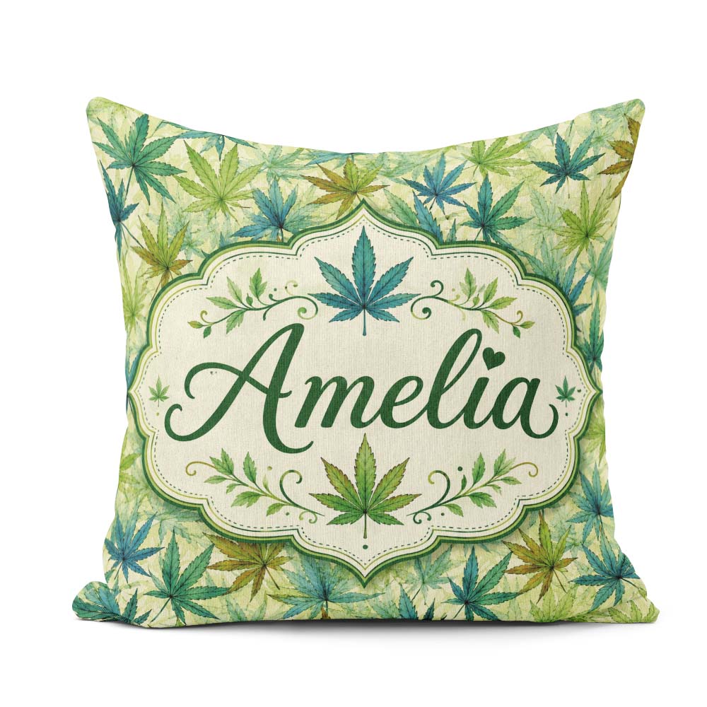 Custom Name Soft Blue Green and Mustard Cannabis Leaves Seamless Square Filled Cushion Throw Pillow Sofa Bed Home Decor Zip Washable UK Made