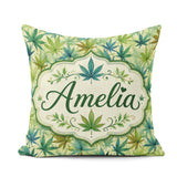 Custom Name Soft Blue Green and Mustard Cannabis Leaves Seamless Square Filled Cushion Throw Pillow Sofa Bed Home Decor Zip Washable UK Made