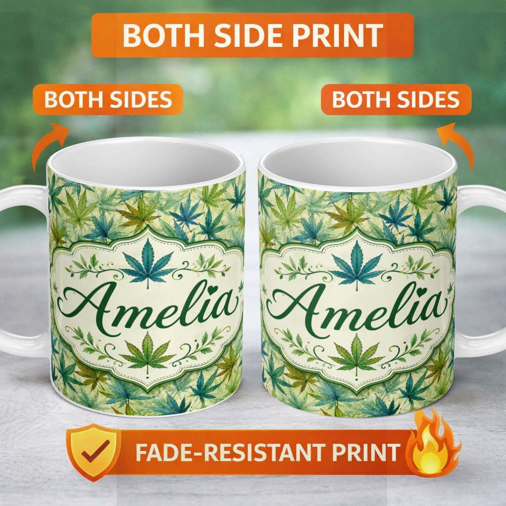 Personalized Custom Name Soft Blue Green and Mustard Cannabis Leaves Seamless Pattern Name 11oz Ceramic Coffee Tea Mug White Large Handle