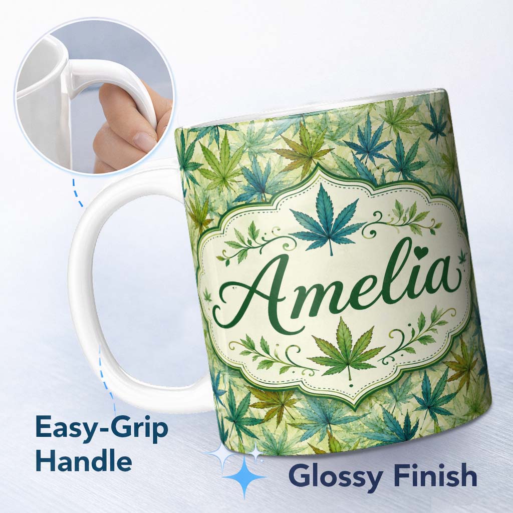 Personalized Custom Name Soft Blue Green and Mustard Cannabis Leaves Seamless Pattern Name 11oz Ceramic Coffee Tea Mug White Large Handle