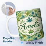 Personalized Custom Name Soft Blue Green and Mustard Cannabis Leaves Seamless Pattern Name 11oz Ceramic Coffee Tea Mug White Large Handle
