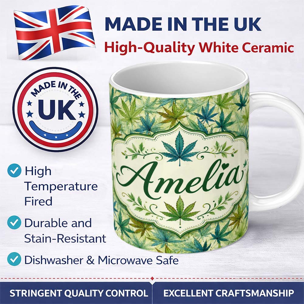 Personalized Custom Name Soft Blue Green and Mustard Cannabis Leaves Seamless Pattern Name 11oz Ceramic Coffee Tea Mug White Large Handle