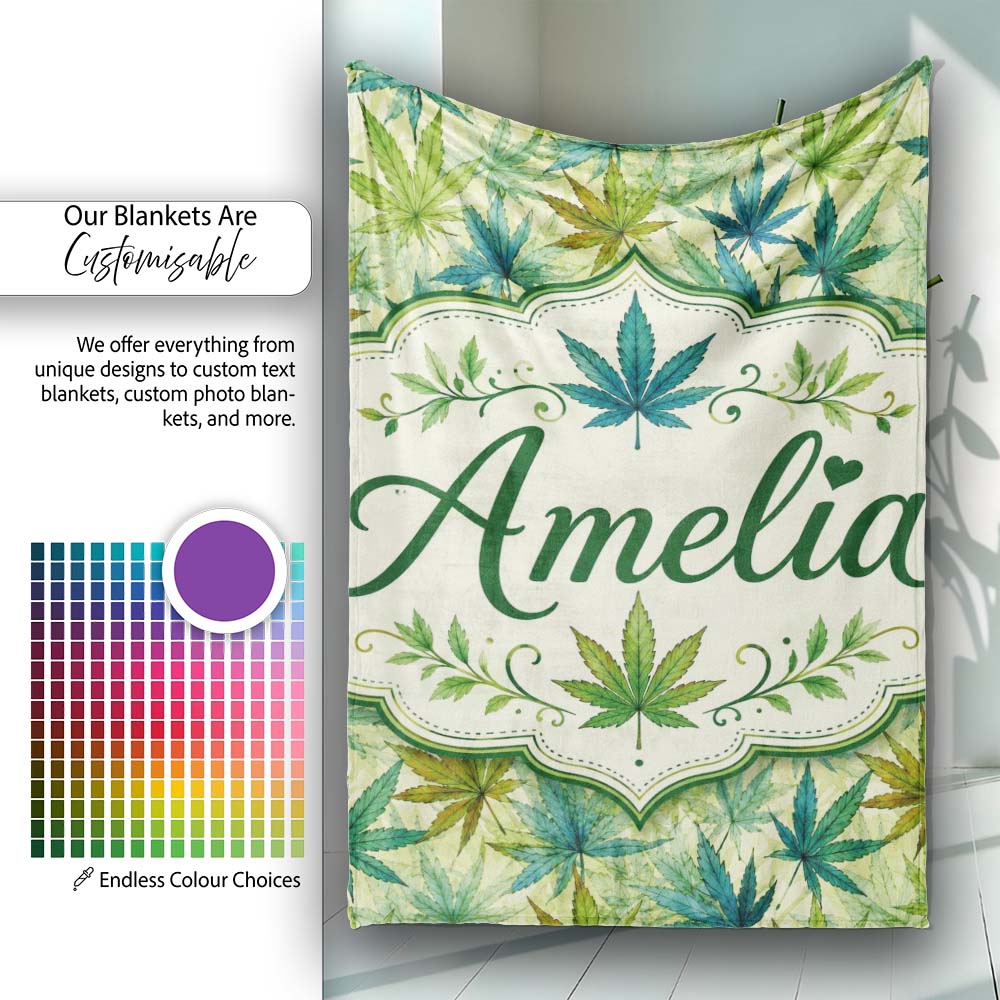 Soft Blue Green and Mustard Cannabis Leaves Seamless Pattern Name  Personalised Custom Name Super Soft Fleece Blanket Bed Sofa Throw